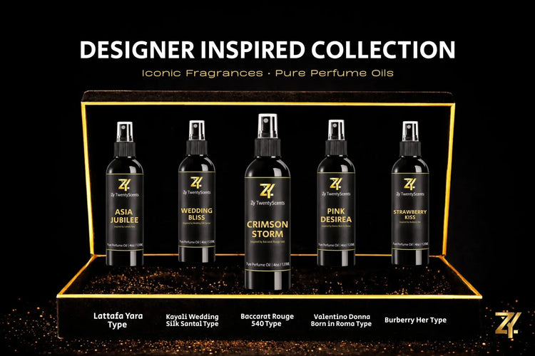 Set of five black luxury perfume oils spray bottles with gold designer inspired lettering from zy twentyscents fragrance catalogue