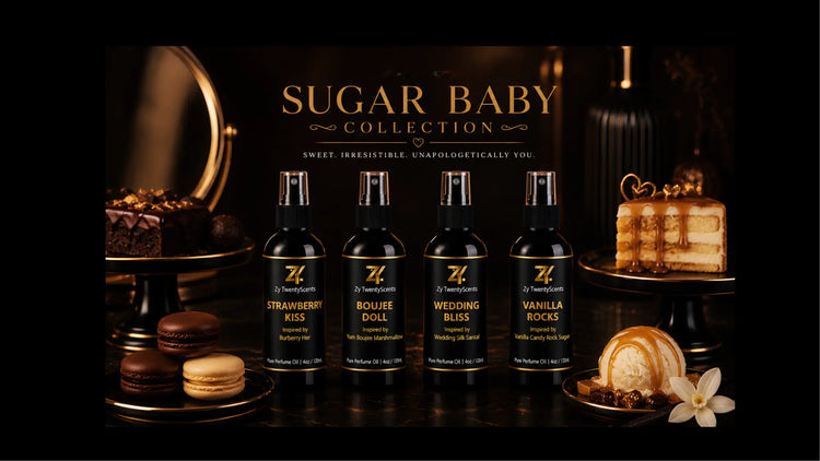 Four sleek black spray bottles with gold lettering from sugar baby collection fresh blends new perfume oil arrivals
