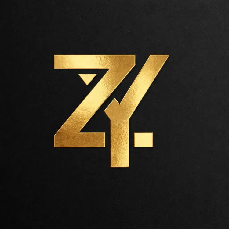 Gold foil logo featuring stylized zy on black background in pure perfume oils collection by zy twentyscents offers fragrance oils