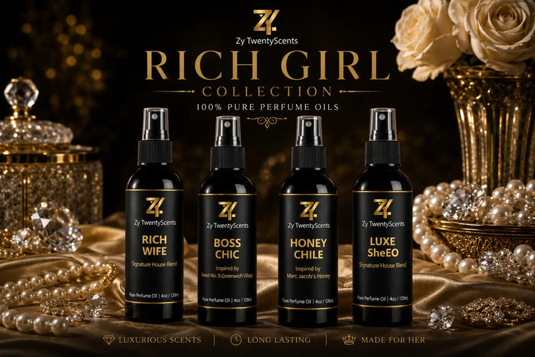 Four black spray bottles with gold caps labeled rich girl collection pure perfume oils by zy twentyscents boss chic design