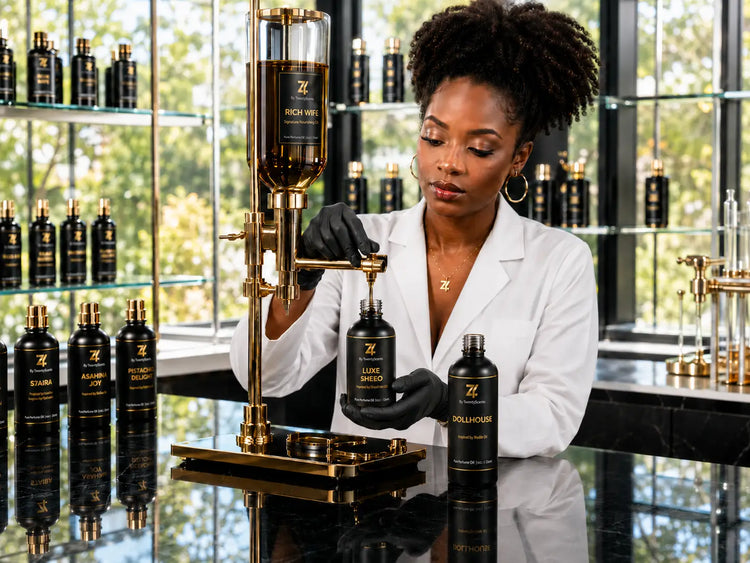 Gold-toned laboratory apparatus with glass reservoir and brass fittings dispensing signature perfume oils into rich wife bottles