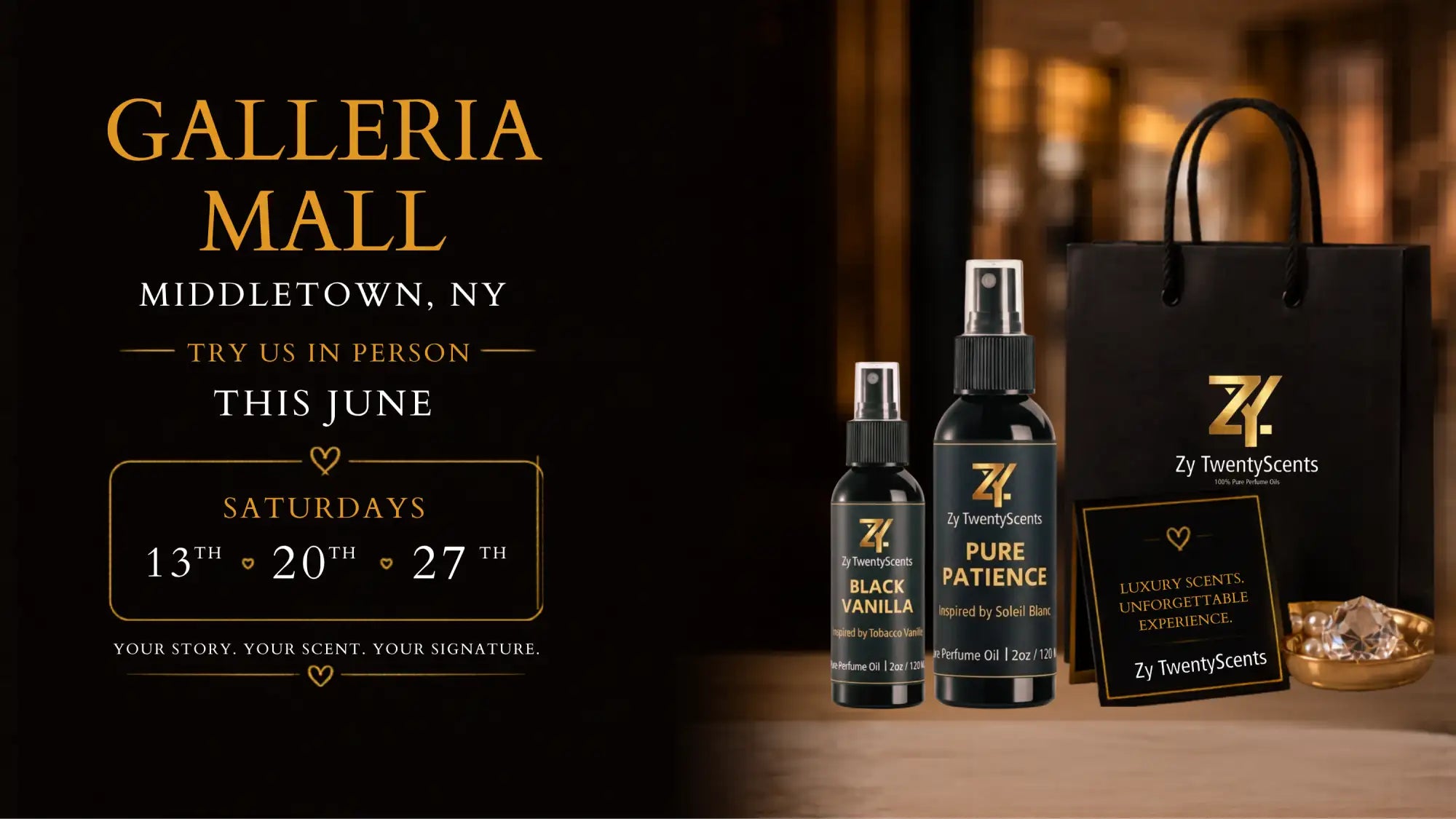 Black spray bottles with gold lettering and a black gift bag featuring the zy twentyscents logo.