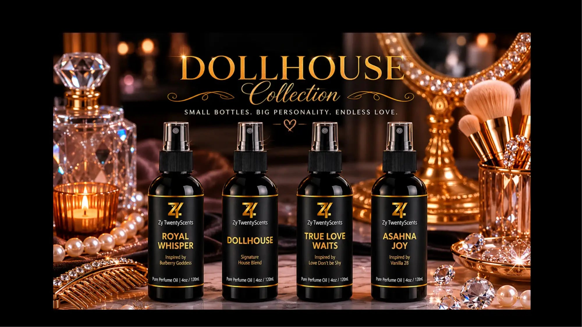Four sleek black spray bottles with gold accents and labels, each featuring a unique fragrance name from the dollhouse collection by 2y twentyscents.