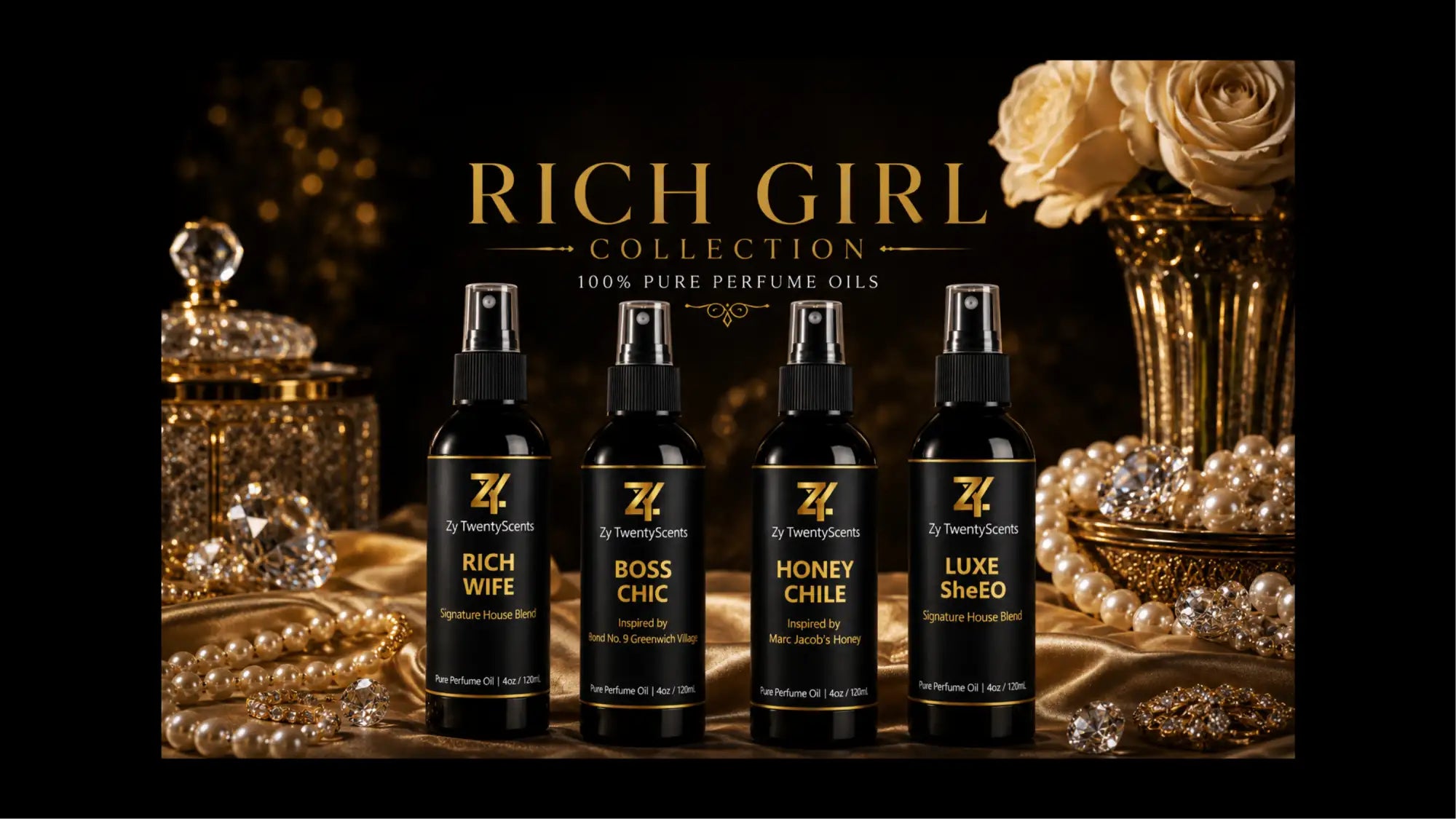 Four sleek black spray bottles from the ’rich girl collection’ by 2y twentyscents, each labeled with distinct scents like rich wife and boss chic.