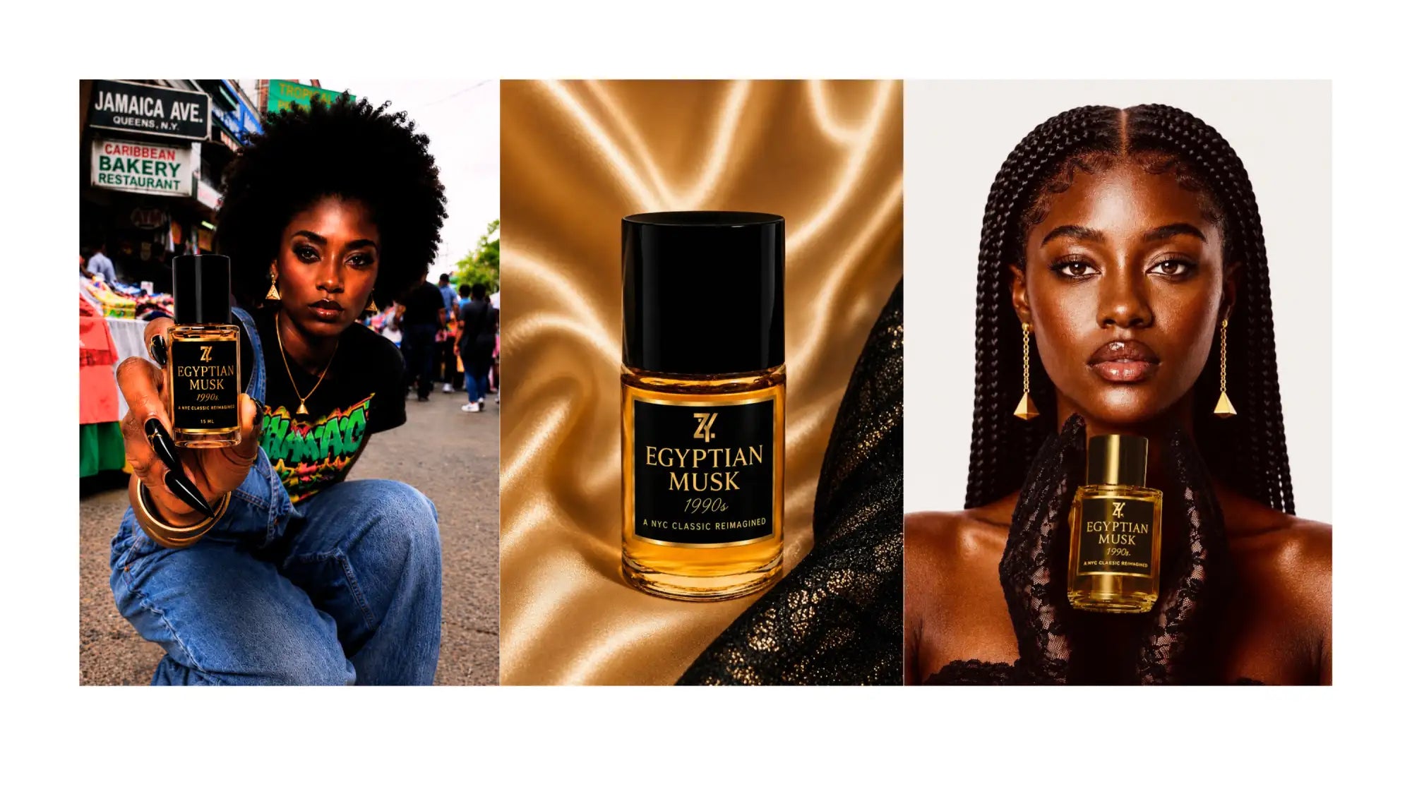 A sleek black and gold bottle of z4 egyptian musk perfume with a minimalist label design.