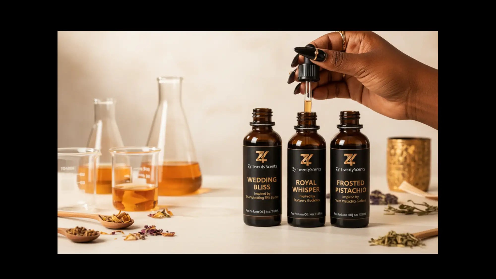 Three amber glass bottles with black labels and dropper caps, each labeled with a different scent name.