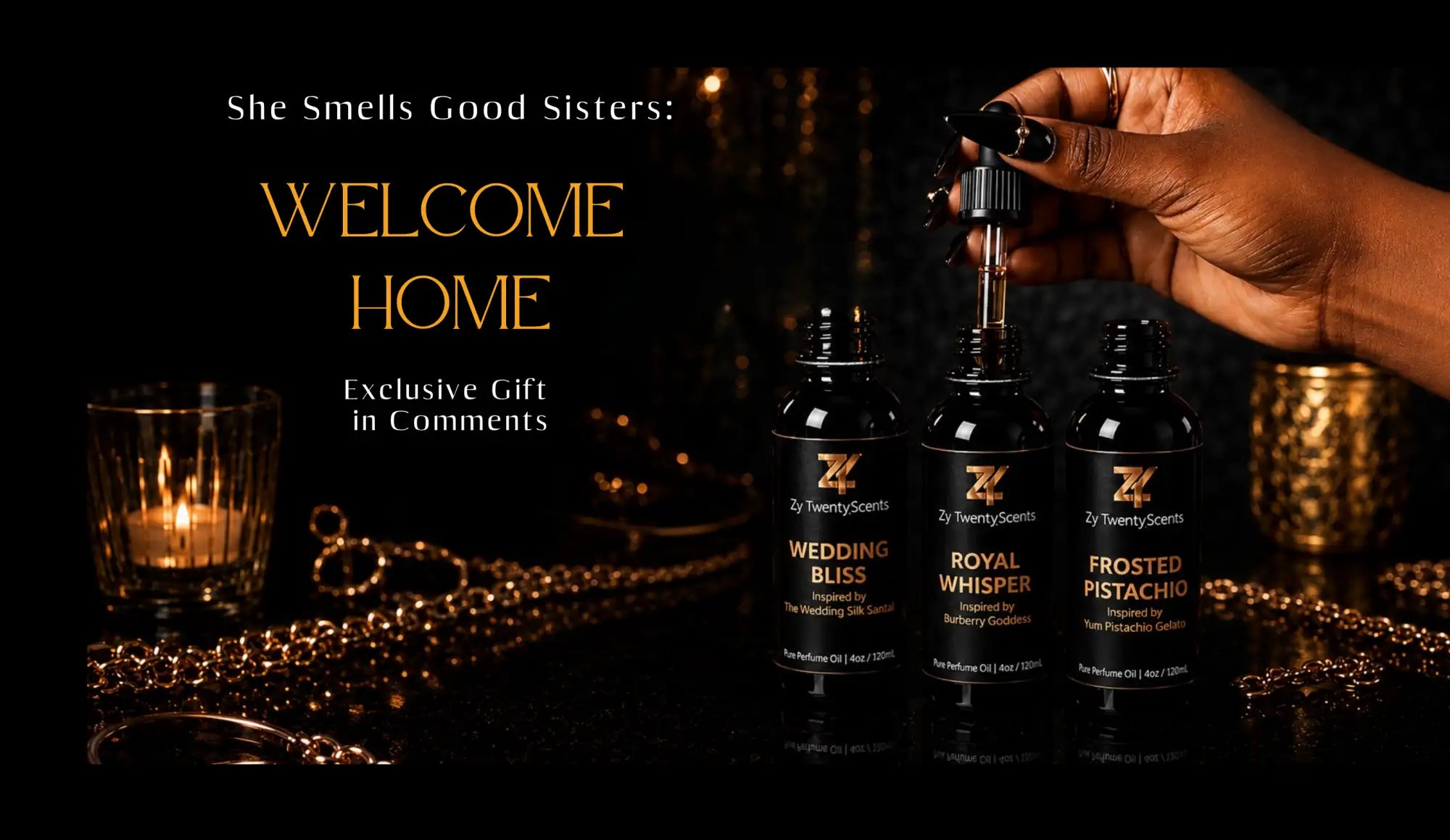 Three black glass bottles with silver and gold labeling, each featuring a dropper top and displaying scents like ’wedding bliss,’ ’royal whisper,’ and ’frosted pistachio.’