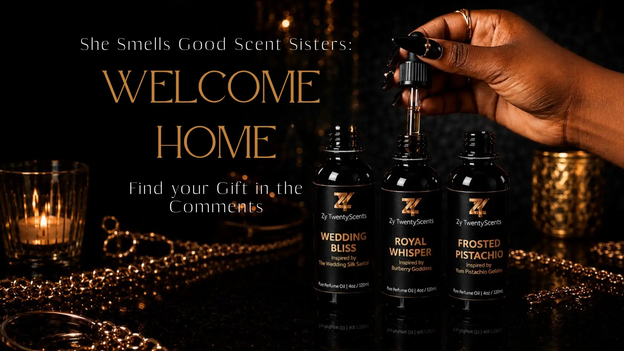 Three sleek black glass bottles of zy twentyscents perfume oils, each with a gold logo and labeled ’wedding bliss,’ ’royal whisper,’ and ’frosted pistachio.’